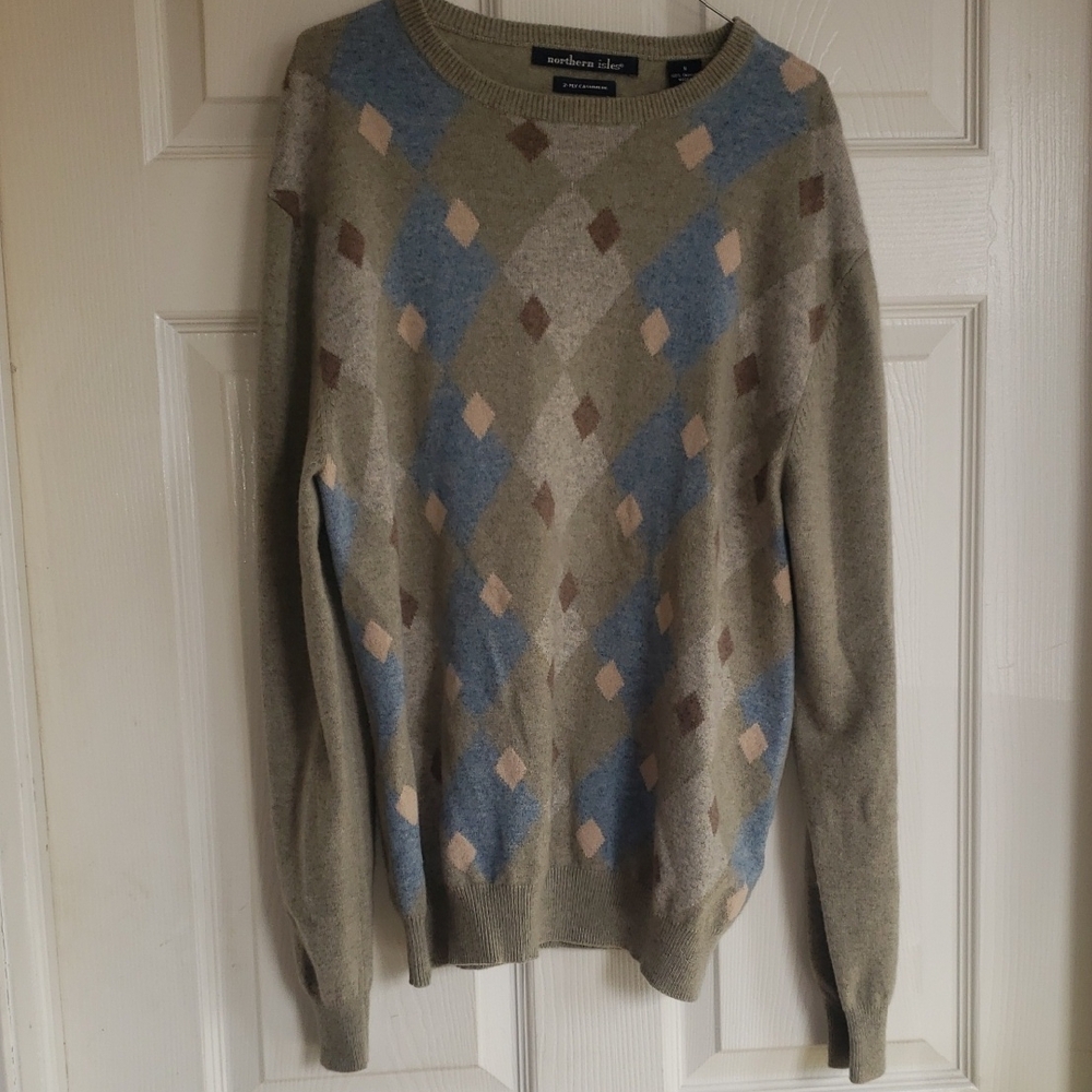 Norhern Isles Cashmere Stylish Crewneck Argyle Sweater - Blue, Brown, and Cream